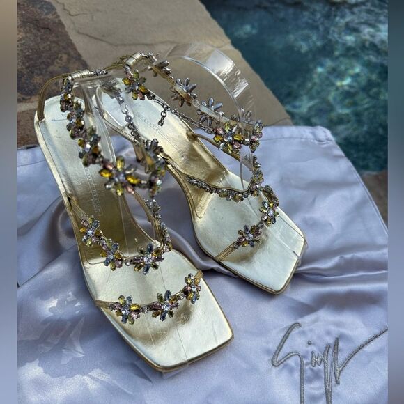 Giuseppe Zanotti Gem Heels Pink and Purple Crystals on Gold heels SZ EU 39 1/2 - Picture 3 of 17